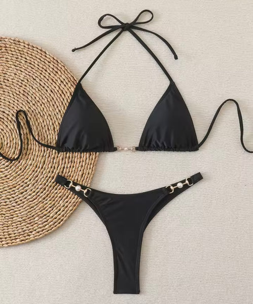 Women Sexy Halter Pearl Metal Bikini Swimsuit