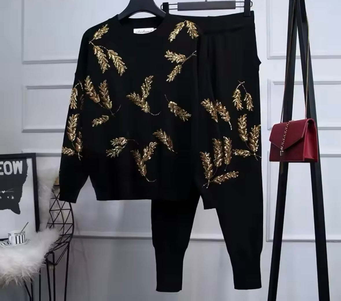 Women Fashion Full Sleeve Sequins Patchwork Tracksuit Two Piece Pant Set