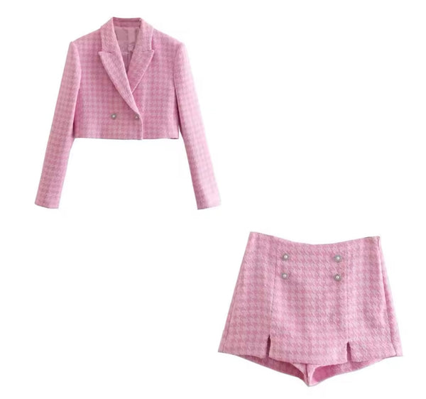 Women Sexy Pink Tweed Bling Button Blazer Two Piece Short Set