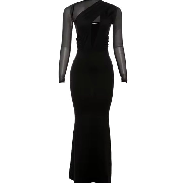 Women Sexy Black Cut Out Full Sleeve Maxi Dress