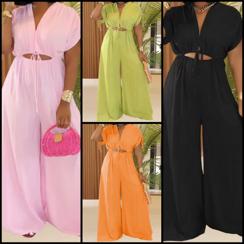 Women Color Fashion Tie Up Short Sleeve Wide Leg Jumpsuit