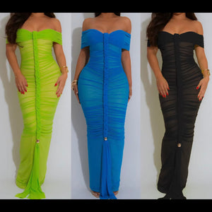 Women Sexy Off The Shoulder Color Mesh Ruched Maxi Dress