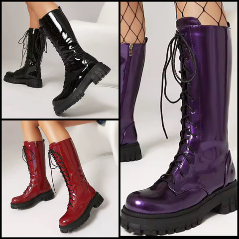 Women Color Fashion Patent Leather Lace Up Flat Boots