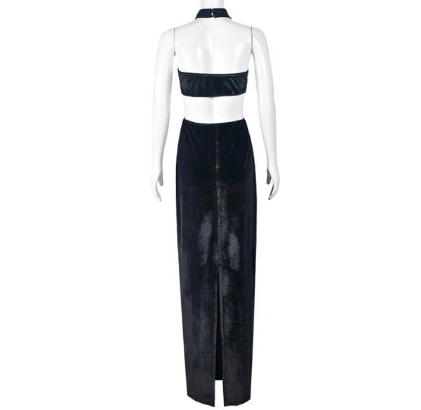 Women Sexy B&W Halter Sleeveless Pearl Velour Maxi Dress