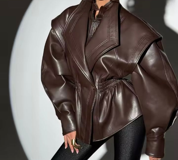 Women Fashion Zip Up Button Faux Leather Jacket