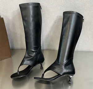 Women Fashion Faux Leather Open Toe Knee High Boots