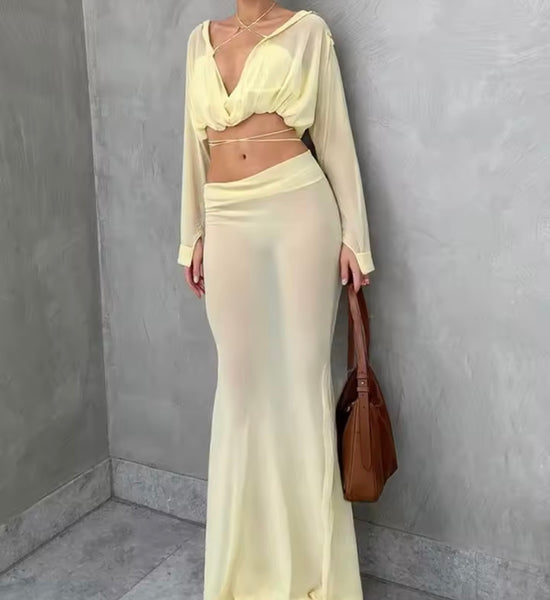 Women Sexy Yellow Full Sleeve Mesh Two Piece Maxi Skirt Set