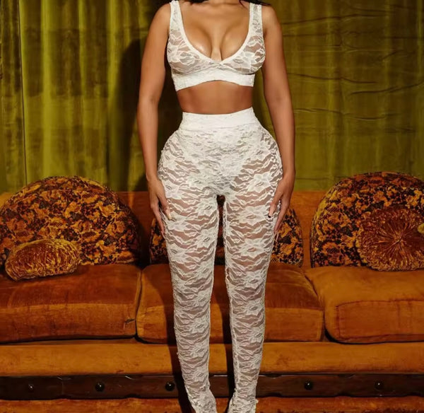 Women Sexy Sleeveless Color Crop Lace Two Piece Pant Set