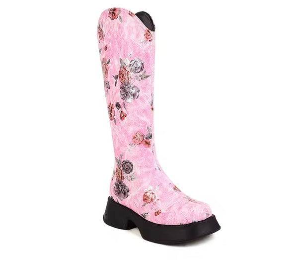 Women Fashion Color Floral Knee High Boots