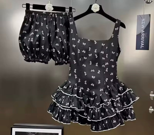 Women Sexy Sleeveless Ruffled Bow Print Two Piece Short Set