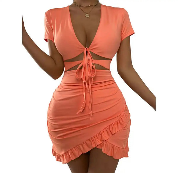 Women Sexy Cut Out Tie Up Short Sleeve Ruffled Dress