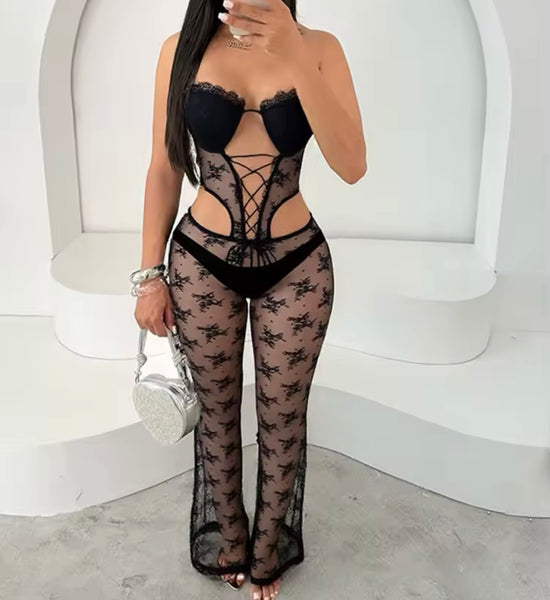 Women Sexy Halter Sleeveless Lace Tie Up Black Jumpsuit