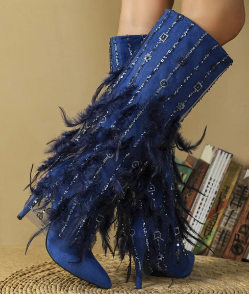 Women Fashion Feather Sequins Suede Knee High Boots