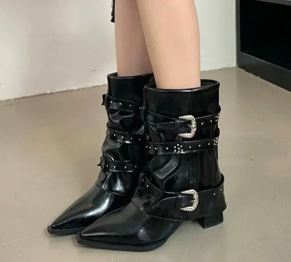 Women Pointed Toe Buckled Fashion Ankle Boots