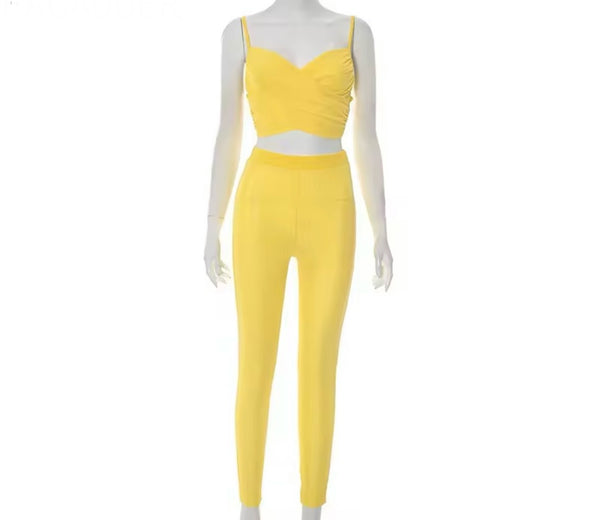 Women Yellow Sleeveless Sexy Mesh Two Piece Pant Set