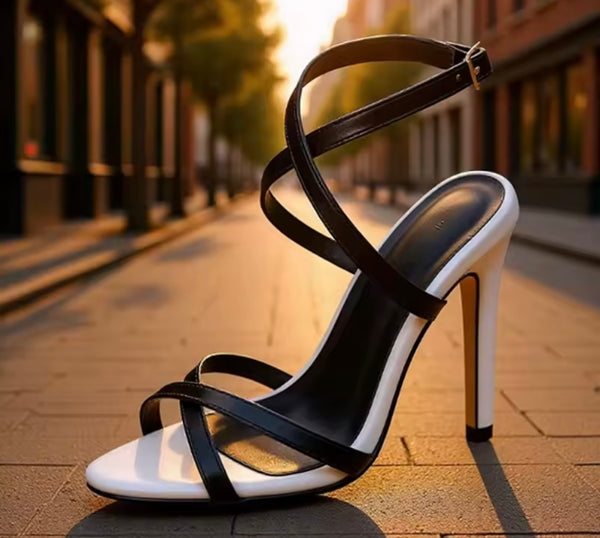 Women Fashion B&W Lace Up High Heel Sandals