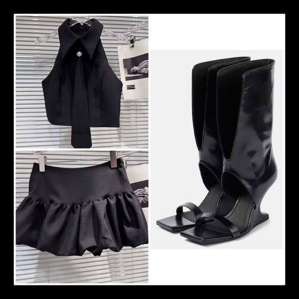 Women Sleeveless Tie Two Piece Puffy Skirt Set