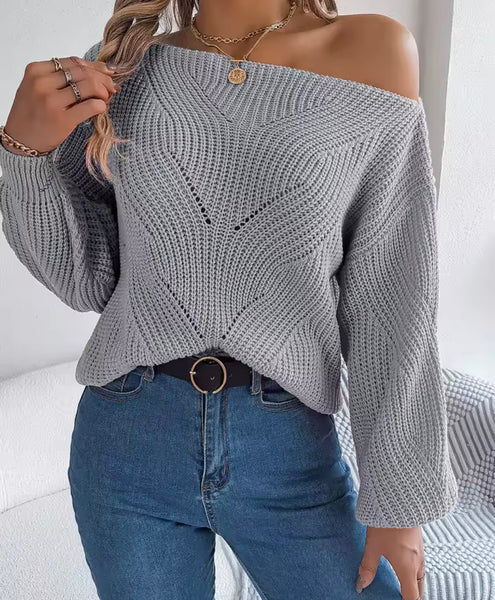 Women Color Off The Shoulder Full Sleeve Oversized Sweater Top