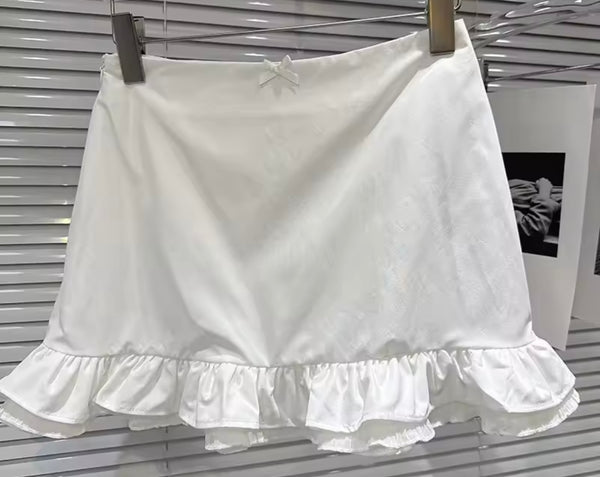 Women White Button Up Ruffled Full Sleeve Two Piece Skirt Set