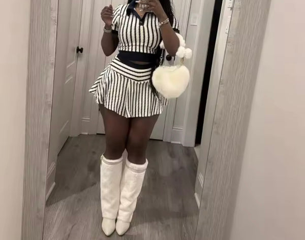 Women Sexy B&W Striped Short Sleeve Two Piece Skirt Set