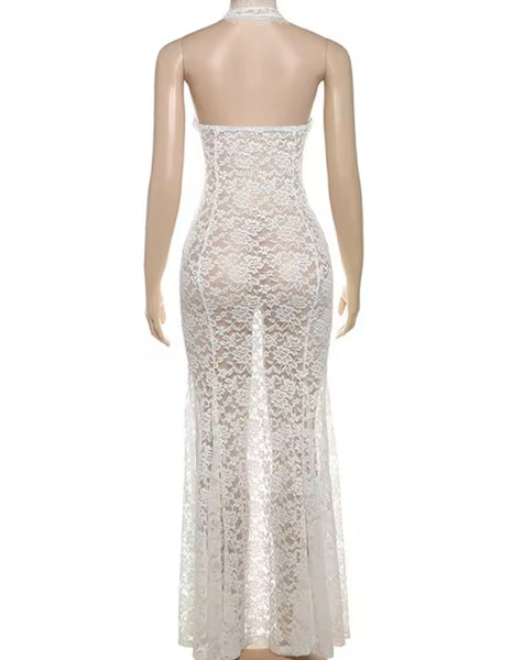 Women Sexy Halter Sleeveless White Lace Maxi Dress