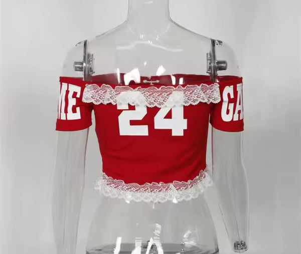 Women Off The Shoulder Short Sleeve Number Lace Tie Up Crop Top