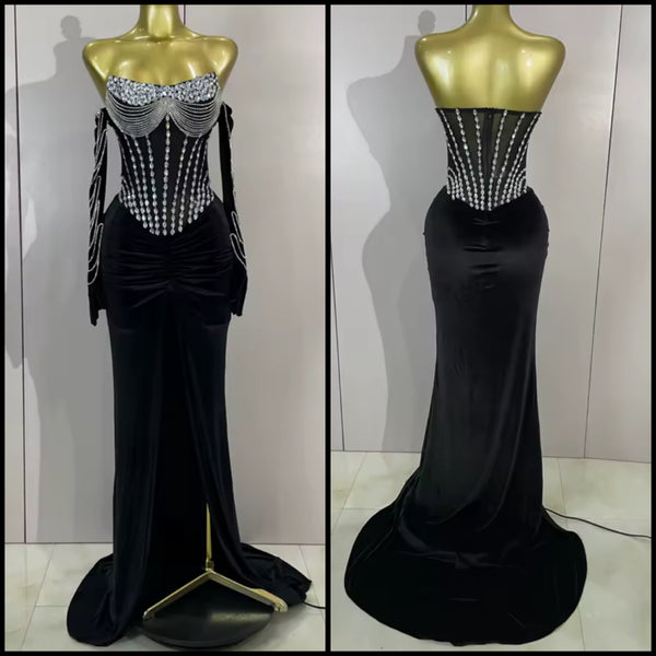 Women Sexy Strapless Glove Rhinestone Velour Maxi Dress