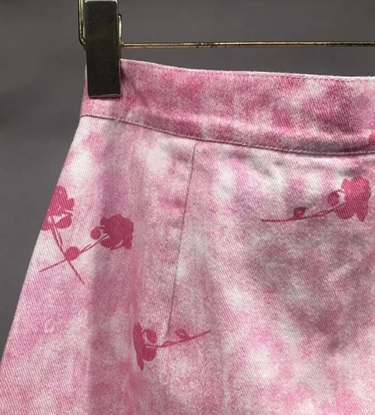 Women Sexy Fashion Pink Printed Denim Skirt