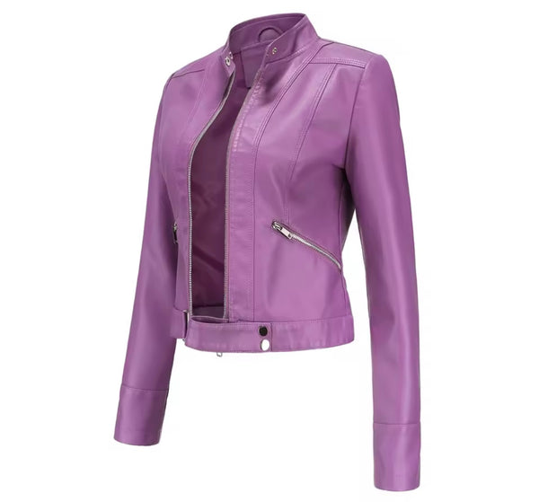Women Color Zip Up Faux Leather Jacket