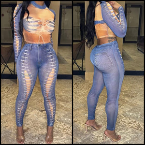 Women Sexy Denim Illusion Mesh Full Sleeve Two Piece Pant Set