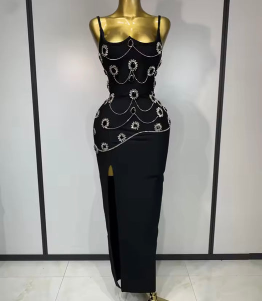 Women Sexy Sleeveless Black Rhinestone Chain Side Split Dress