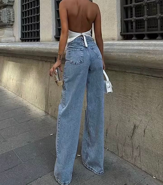 Women Fashion Mesh Patchwork Blue Denim Pants
