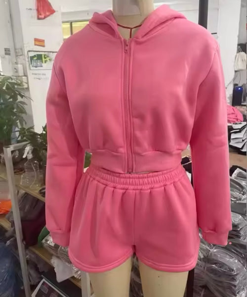 Women Fashion Pink Hooded Zip Up Two Piece Short Set
