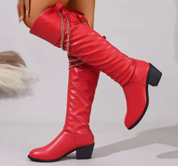 Women Fashion Red Chain Faux Leather Knee High Boots