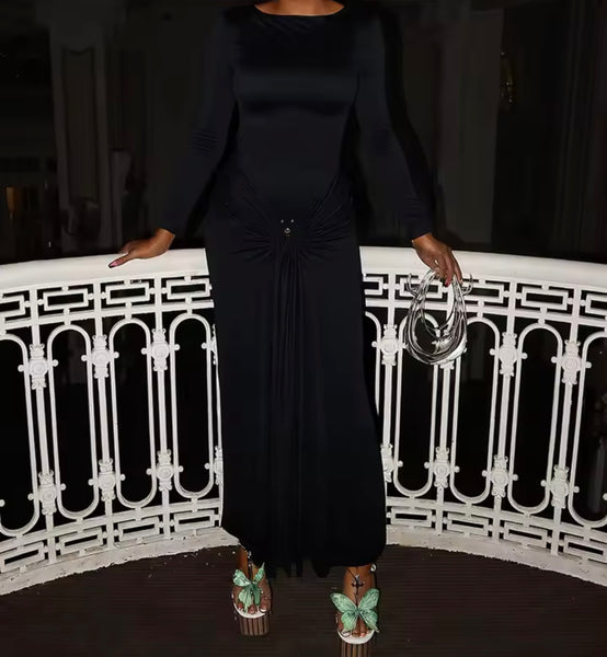 Women Sexy Solid Color Tassel Full Sleeve Maxi Dress