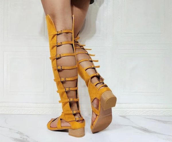 Women Open Toe Buckled Back Fashion Knee High Sandals