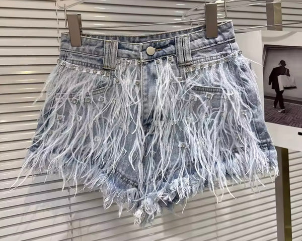 Women Fashion Rivet Feather Denim Jacket Two Piece Short Set