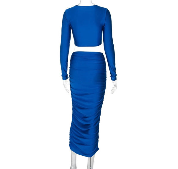 Women Sexy Solid Color Full Sleeve Ruched Two Piece Maxi Skirt Set