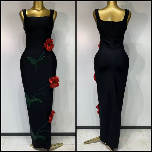 Women Sexy Black Sleeveless 3D Floral Maxi Dress