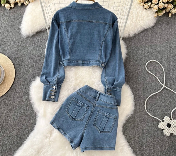 Women Full Sleeve Fashion Two Piece Denim Short Set