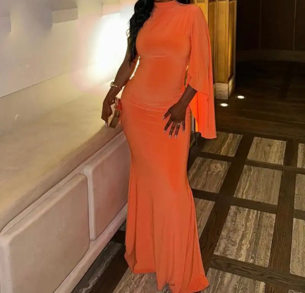 Women Sexy Orange One Shoulder Full Sleeve Maxi Dress