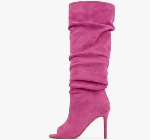 Women Suede Open Toe Fashion Ruched Knee High Boots