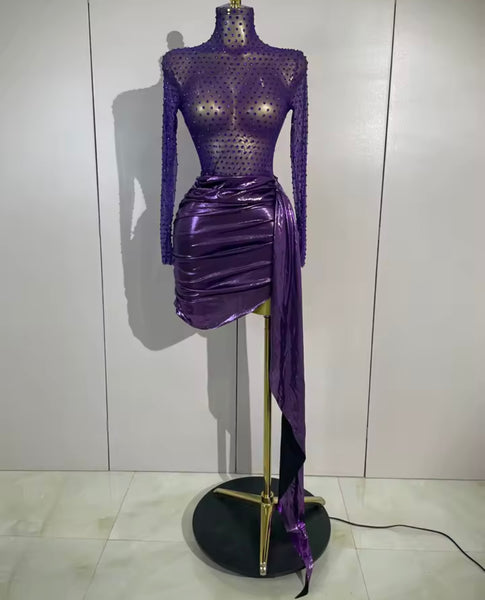 Women Sexy Purple Open Back Full Sleeve Rhinestone Dress