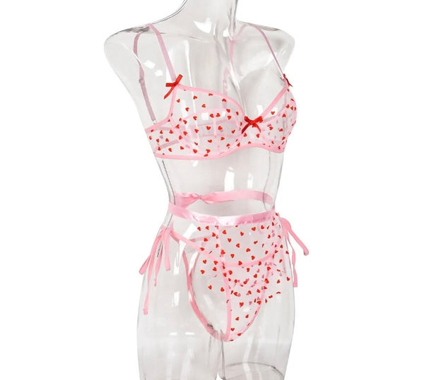 Women Sexy Pink Heart Print Mesh Lingerie Set