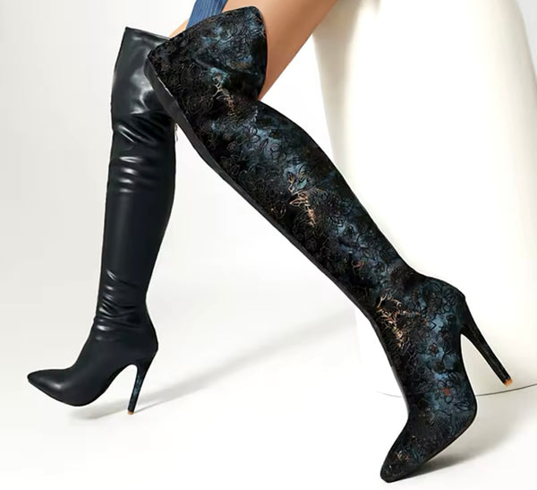 Women Fashion Knee High Printed Patchwork Faux Leather Boots