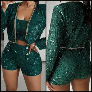 Women Sexy Sequins Chain Button Three Piece Short Set