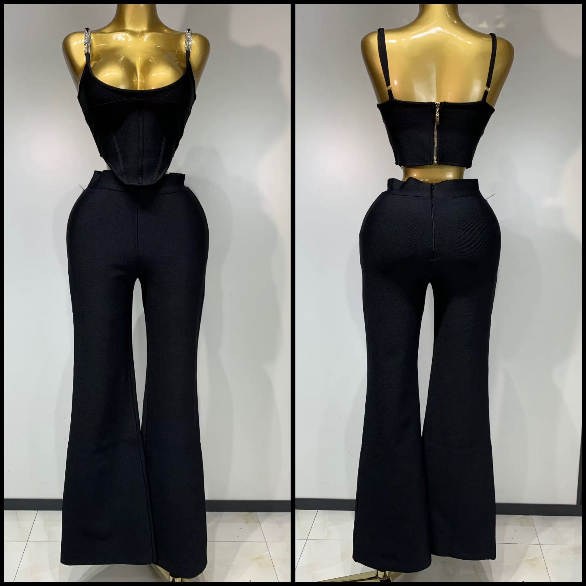 Women Rhinestone Sleeveless Black Sexy Two Piece Pant Set