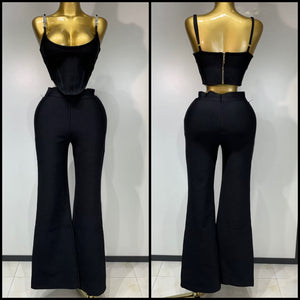 Women Rhinestone Sleeveless Black Sexy Two Piece Pant Set
