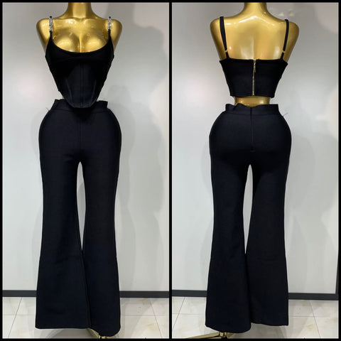 Women Rhinestone Sleeveless Black Sexy Two Piece Pant Set