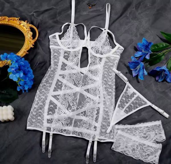 Women Sexy Sleeveless See Through Lace Open Back Lingerie Set